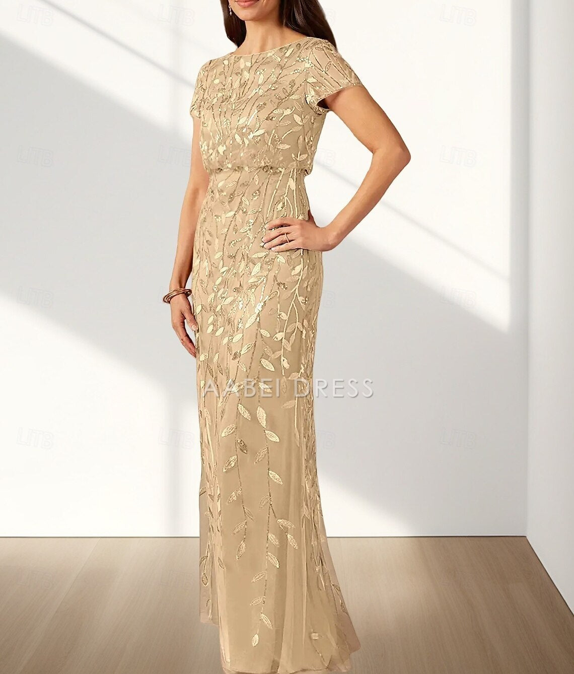 AABEI DRESS Wedding Guest Dress Elegant A-Line Crew Neck Short Sleeve Lace Floor Length Mother of the Bride Dress
