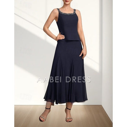 AABEI DRESS Wedding Guest Dress Elegant A-Line Crew Neck Two Piece Tea Length Chiffon 3/4 Length Sleeve with Beading Fashion Mother of the Bride Dress