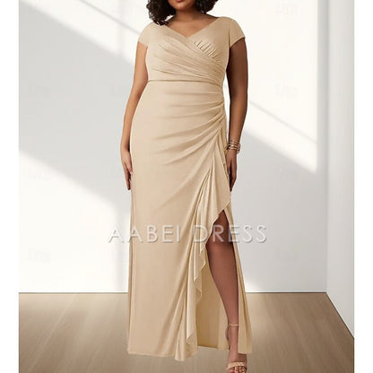 AABEI DRESS Wedding Guest Dress Elegant Mermaid V Neck Short Sleeve Pleats Split Curve Front Ruching Floor Length Plus Size Mother of the Bride Dress