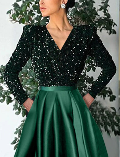 A-Line Cocktail Dresses Christmas Red Green Dress Formal Wedding Guest Tea Length Long Sleeve V Neck Sequined with Sequin Party Dresses