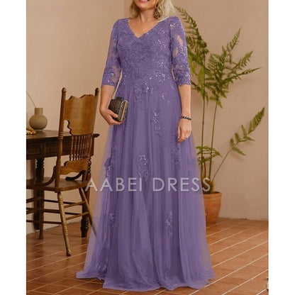AABEI DRESS Wedding Guest Dress Elegant A-Line V Neck 3/4 Length Sleeve Floor Length Lace Applique Tulle Sparkle Mother of the Bride Dress