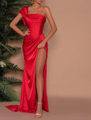 Mermaid / Trumpet Evening Gown Sexy Dress Formal Wedding Guest Sweep / Brush Train Sleeveless One Shoulder Charmeuse with Ruched Slit