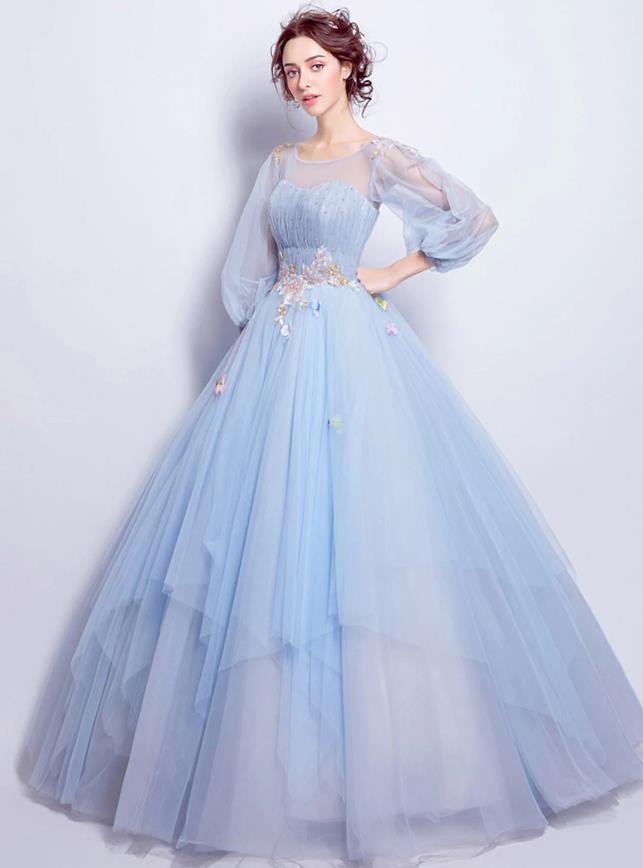 Aqua Floral Ball Gown Illusion Neck 3/4 Sleeve Tulle Quinceanera Dress.