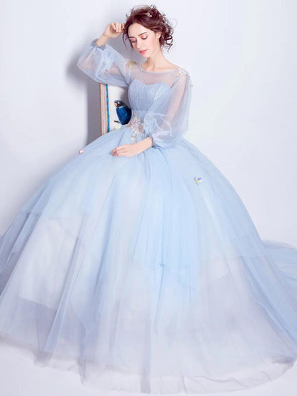 Aqua Floral Ball Gown Illusion Neck 3/4 Sleeve Tulle Quinceanera Dress.