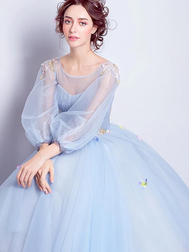 Aqua Floral Ball Gown Illusion Neck 3/4 Sleeve Tulle Quinceanera Dress.