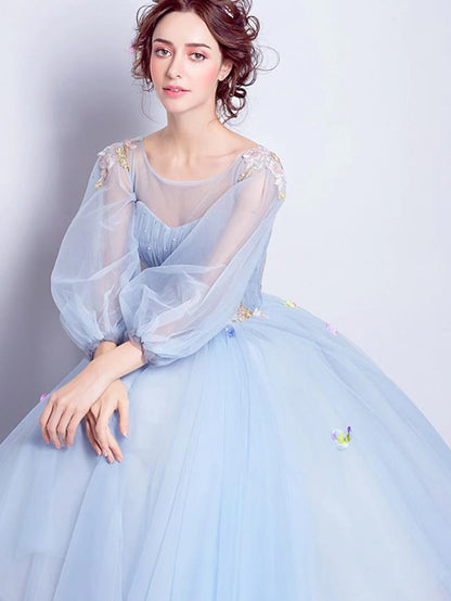 Aqua Floral Ball Gown Illusion Neck 3/4 Sleeve Tulle Quinceanera Dress.