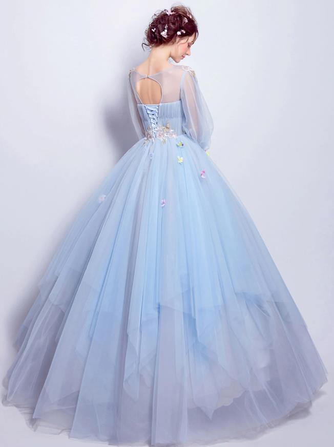 Aqua Floral Ball Gown Illusion Neck 3/4 Sleeve Tulle Quinceanera Dress.
