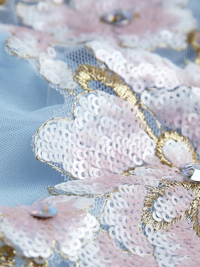Aqua Floral Ball Gown Illusion Neck 3/4 Sleeve Tulle Quinceanera Dress.