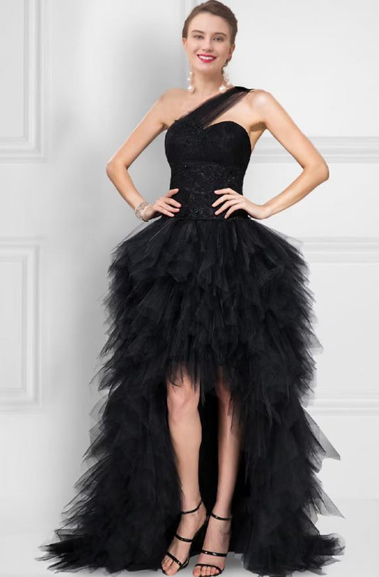 Asymmetrical One Shoulder Black Ball Gown Prom Dress with Tulle Ladder Back.