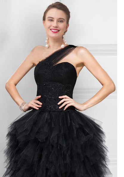 Asymmetrical One Shoulder Black Ball Gown Prom Dress with Tulle Ladder Back.