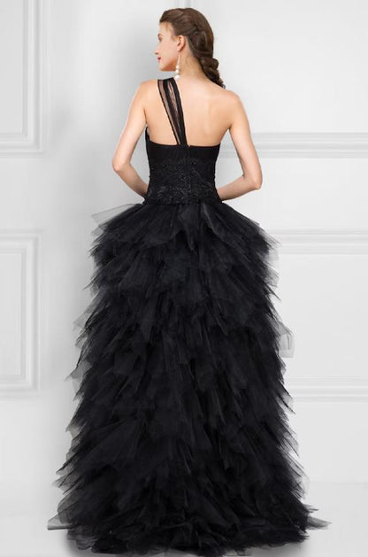 Asymmetrical One Shoulder Black Ball Gown Prom Dress with Tulle Ladder Back.