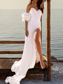 Beach Sheath Strapless Chiffon Split Front Court Train Wedding Dress.