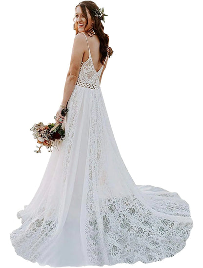 Beachy Boho A-Line wedding gown with V-wire neckline and court train.