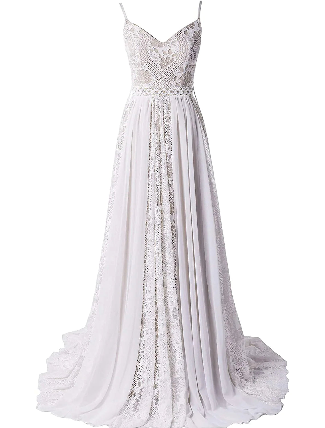 Side profile of Boho A-Line wedding dress, highlighting chiffon and tassel details.