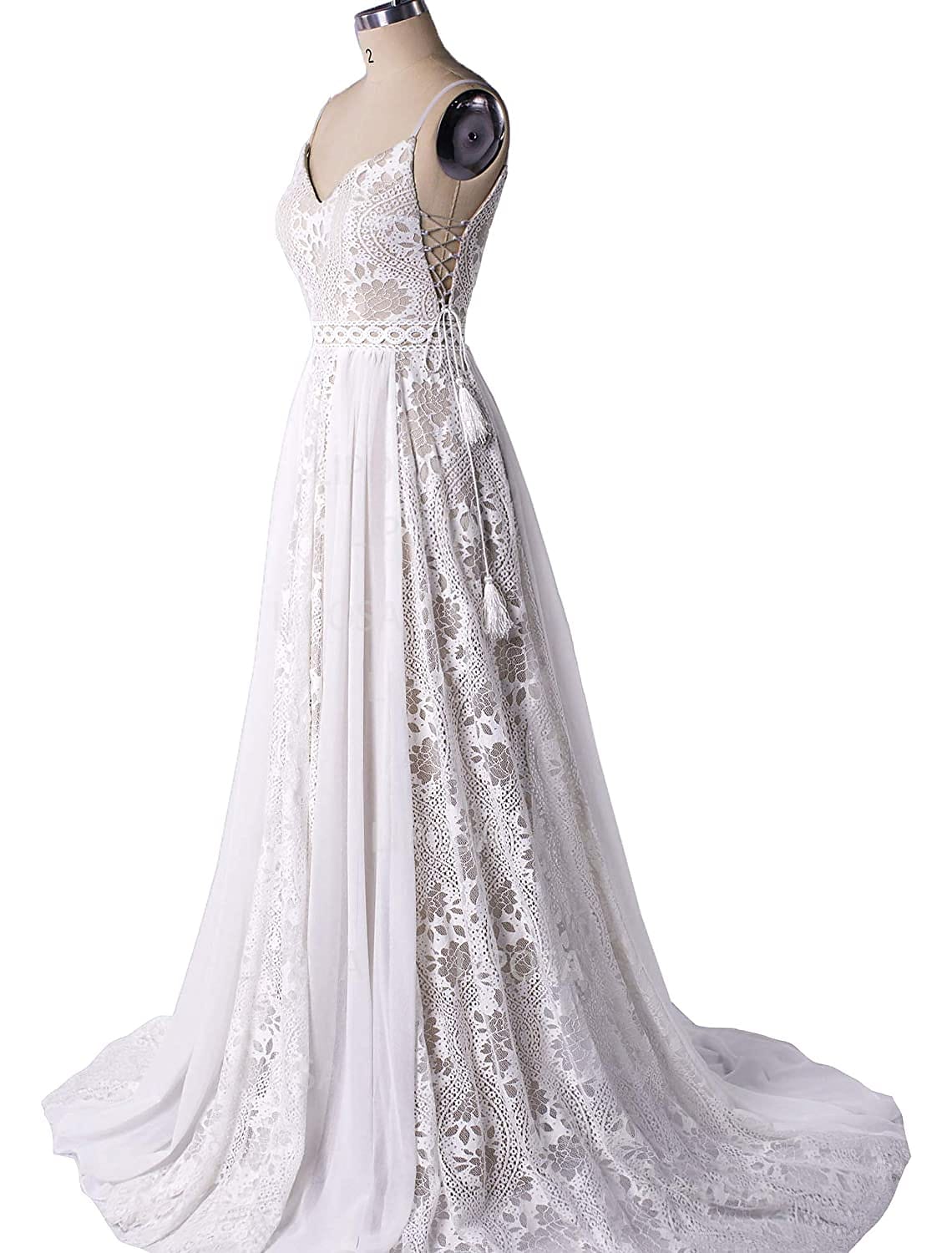 Back view of elegant A-Line wedding gown, showcasing the graceful court train.
