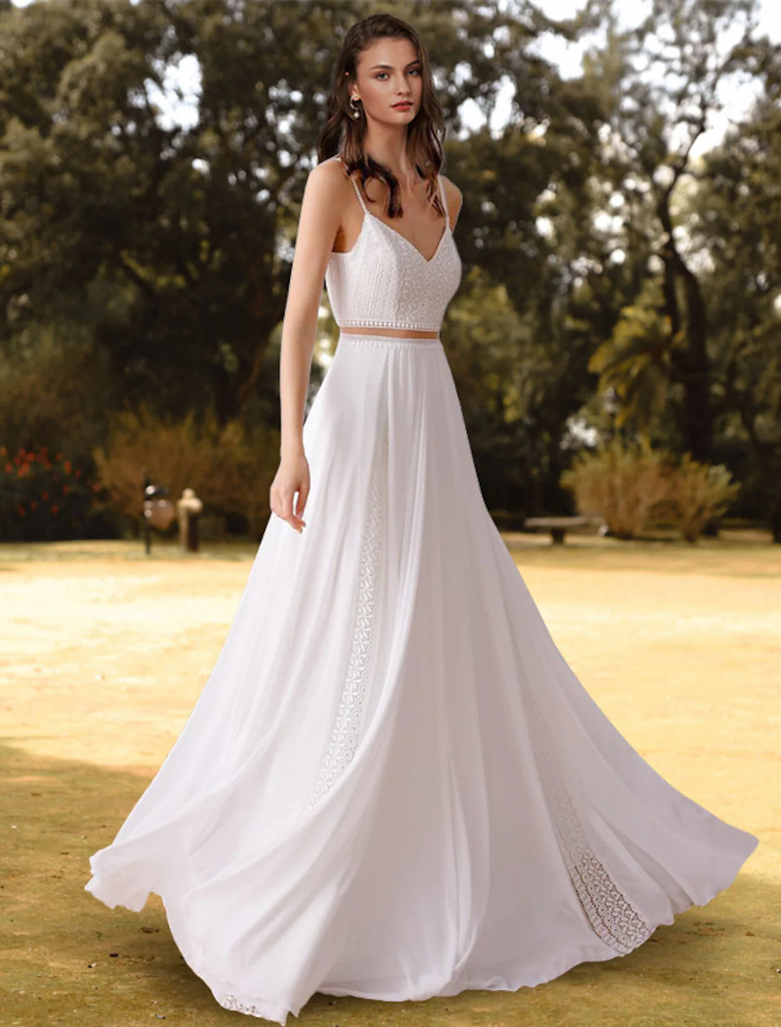 Boho A-line V-neck Spaghetti Strap Two-Piece Ivory Chiffon Wedding Dress.