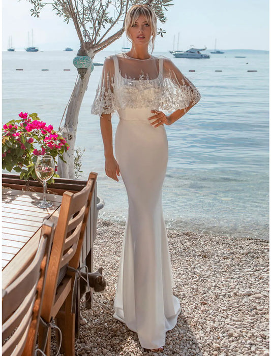 Casual beach mermaid wedding dress with open back, square neck, and satin beading.