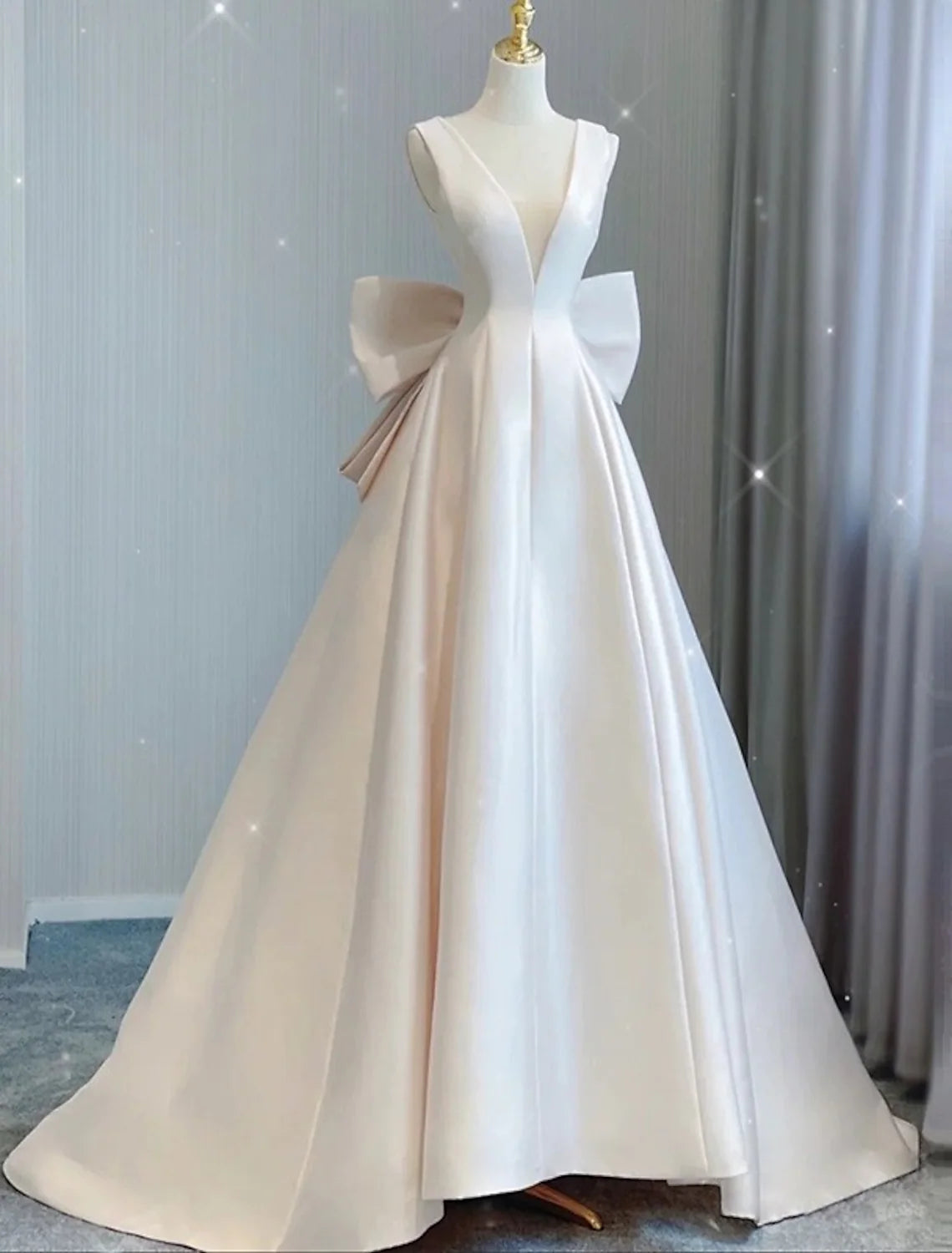 Casual Sheath Column V-Neck Satin Bow Pleated Court Train Wedding Dress.