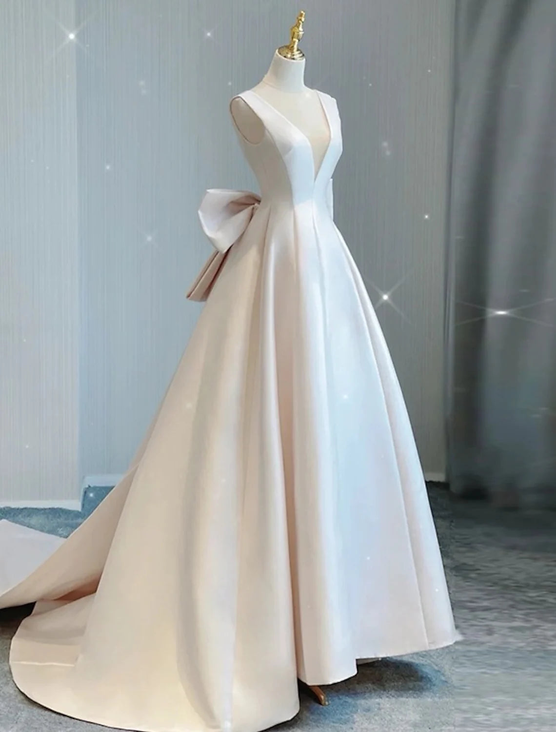 Casual Sheath Column V-Neck Satin Bow Pleated Court Train Wedding Dress.