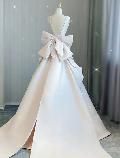 Casual Sheath Column V-Neck Satin Bow Pleated Court Train Wedding Dress.