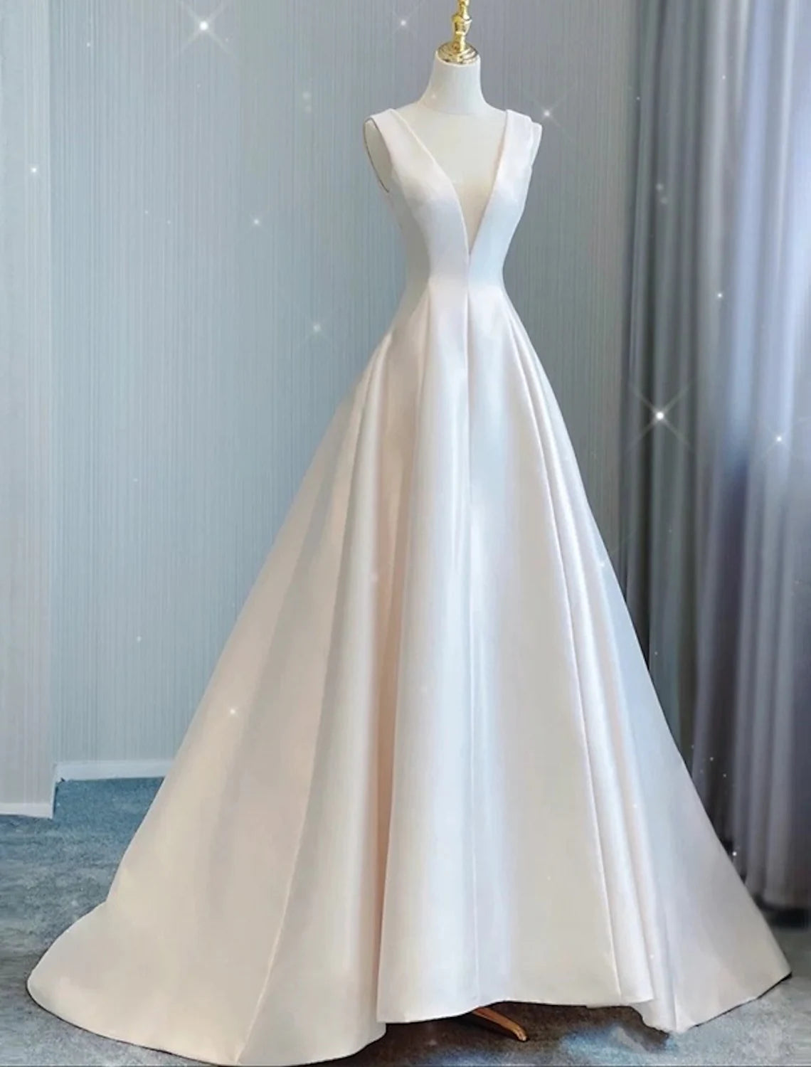 Casual Sheath Column V-Neck Satin Bow Pleated Court Train Wedding Dress.