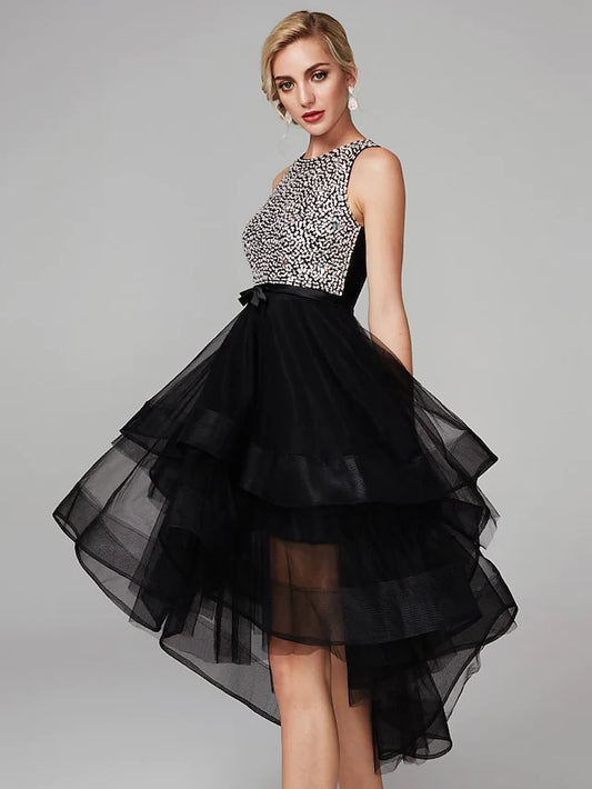 Charming Ball Gown Jewel Neck Beaded Ruffle Wednesday Addams Homecoming Dress Knee Length.