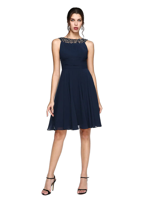 Chic A-Line Illusion Neck Ruched Sequin Lace Knee-Length Cocktail Dress.
