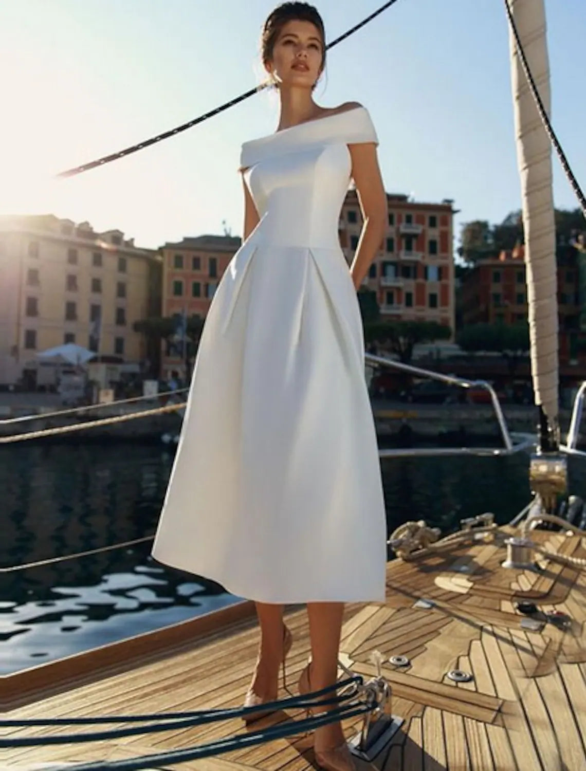 Chic A-Line Off Shoulder Short Sleeve Minimalist Satin Ankle Length Cocktail Dress.