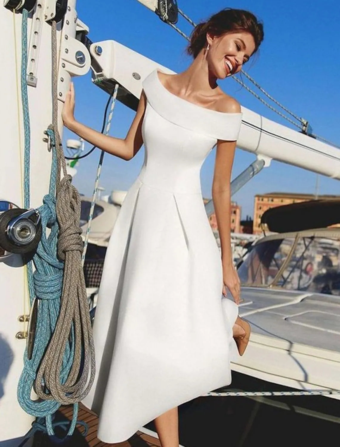 Chic A-Line Off Shoulder Short Sleeve Minimalist Satin Ankle Length Cocktail Dress.