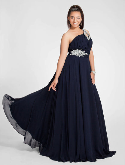 Chic A-Line One Shoulder Cut Out Chiffon Ruched Beading Dress.