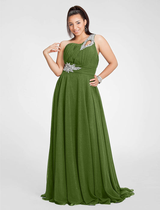 Chic A-Line One Shoulder Cut Out Chiffon Ruched Beading Dress.