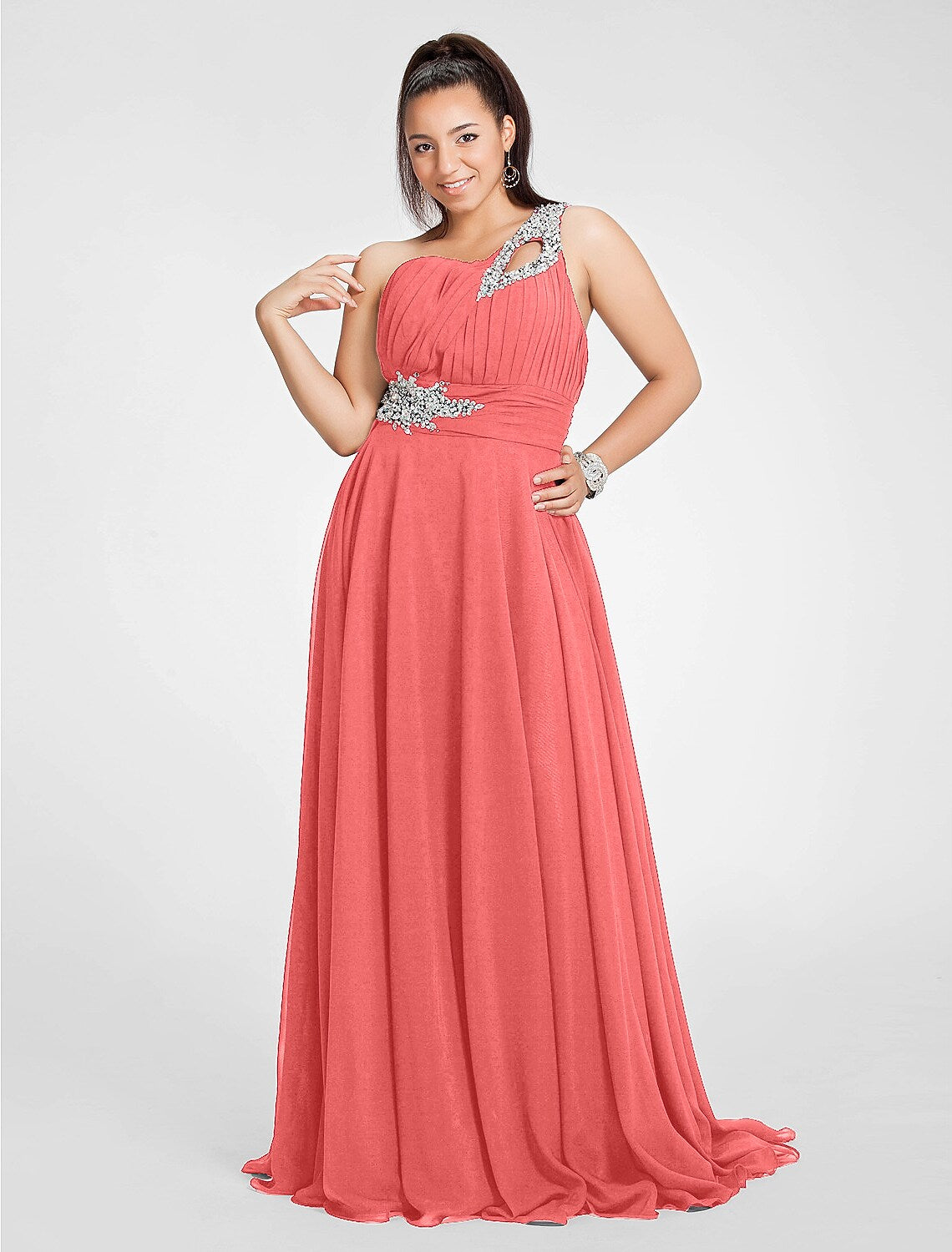 Chic A-Line One Shoulder Cut Out Chiffon Ruched Beading Dress.