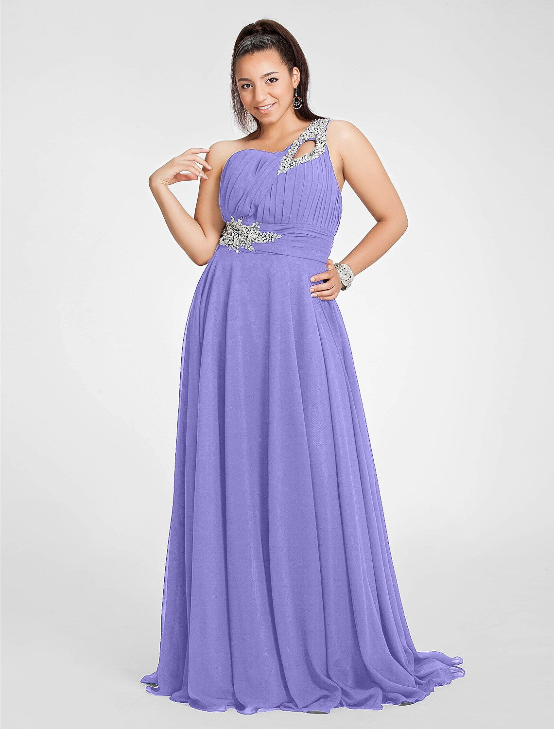 Chic A-Line One Shoulder Cut Out Chiffon Ruched Beading Dress.