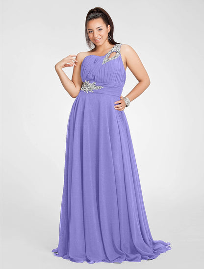 Chic A-Line One Shoulder Cut Out Chiffon Ruched Beading Dress.