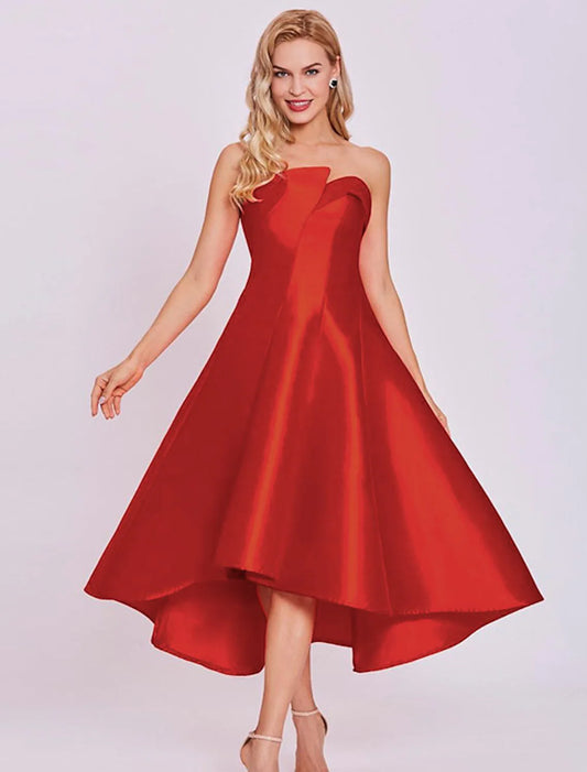 Chic A-Line Strapless Satin Minimalist Tea Length Cocktail Dress.