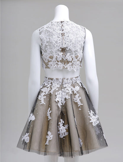 Chic Plus Size Two-Piece Lace Beaded Short Homecoming Dress.