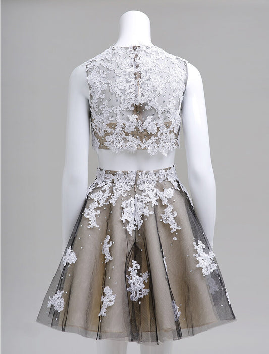 Chic Plus Size Two-Piece Lace Beaded Short Homecoming Dress.