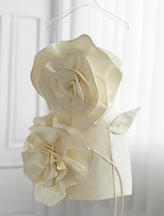 Chic Sheath Strapless Floral Ruffle Satin Mini Homecoming Party Dress.