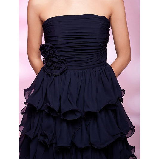 Chic Strapless Chiffon Ball Gown Ruched Flower Knee Length Homecoming Dress, side view.