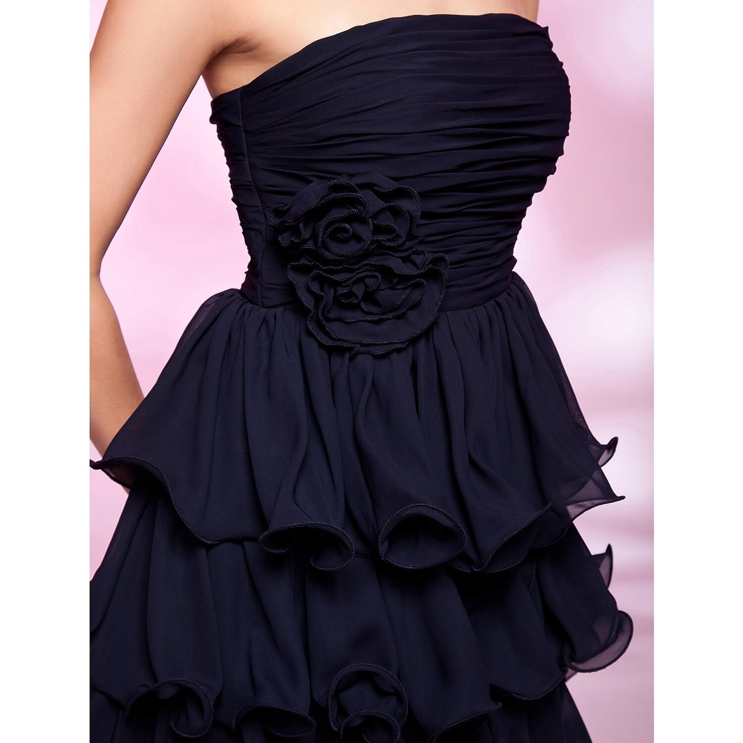 Chic Strapless Chiffon Ball Gown Ruched Flower Knee Length Homecoming Dress, back view.