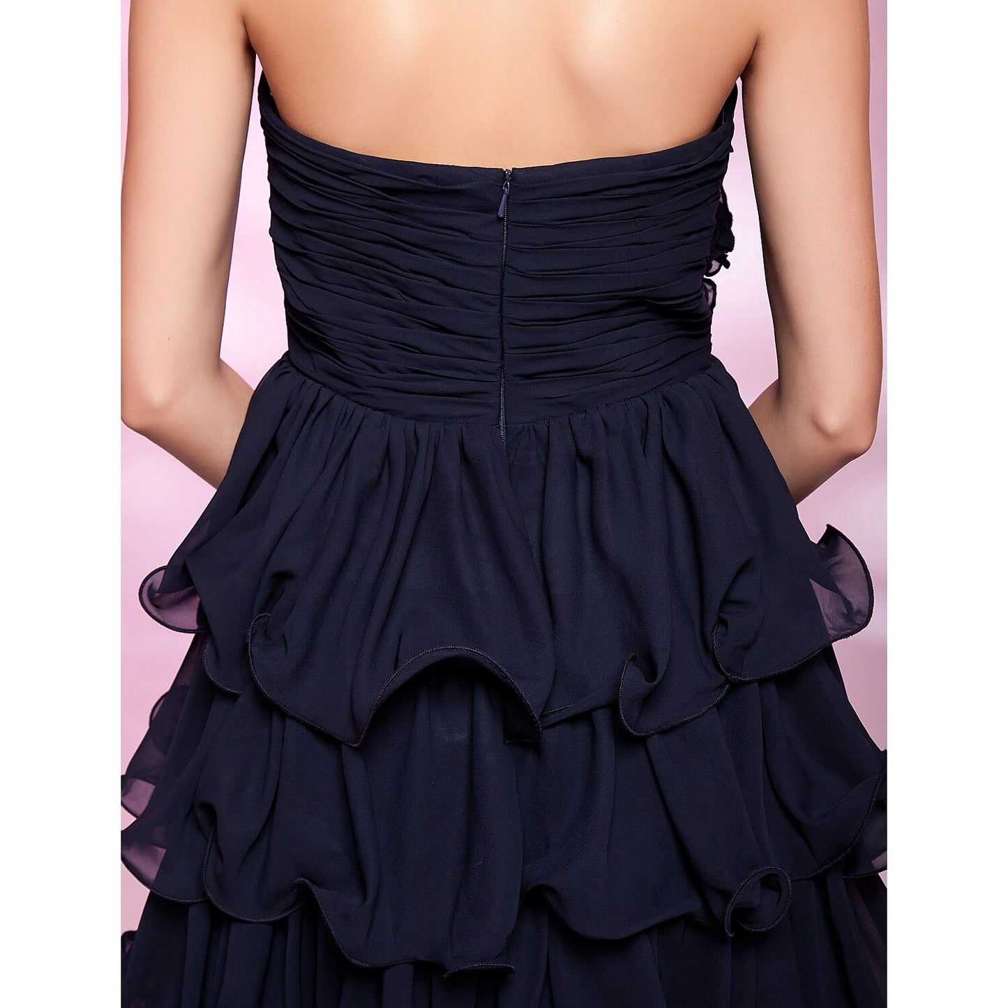 Chic Strapless Chiffon Ball Gown Ruched Flower Knee Length Homecoming Dress, detail view.