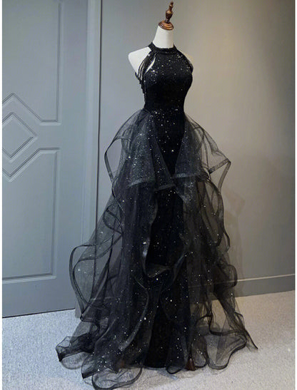 Close-up of the sequined halter neckline and crystal embellishments on the prom dress.
