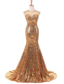 Dazzling mermaid trumpet prom dress with jewel neck, sequins, and beading, featuring a court train.