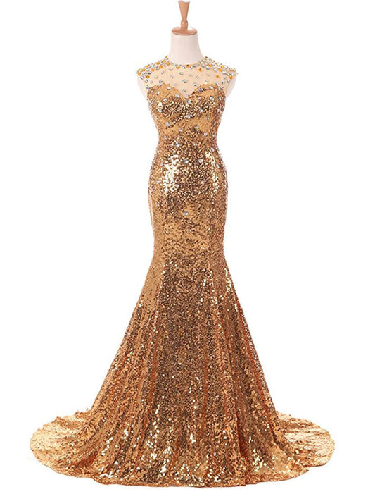 Dazzling mermaid trumpet prom dress with jewel neck, sequins, and beading, featuring a court train.