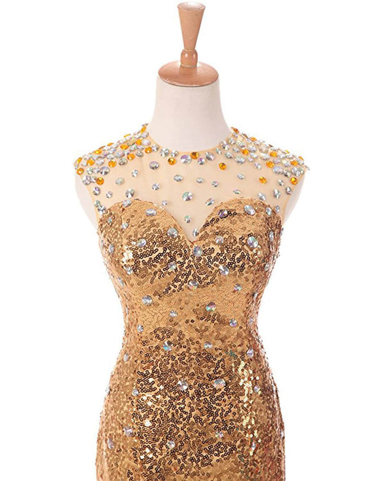 Elegant sequined and beaded mermaid trumpet prom dress with a jewel neck and court train.