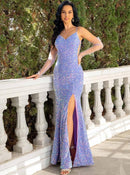 Dazzling Sheath Column V-Neck Sparkle Sequined Slit Floor Length Prom Dress.