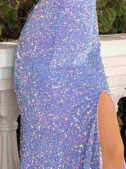 Dazzling Sheath Column V-Neck Sparkle Sequined Slit Floor Length Prom Dress.