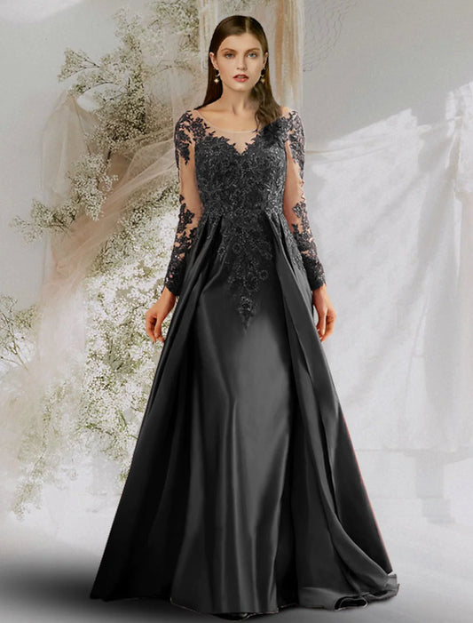 Elegant A-Line Boat Neck Long Sleeve Floral Satin Prom Evening Dress.