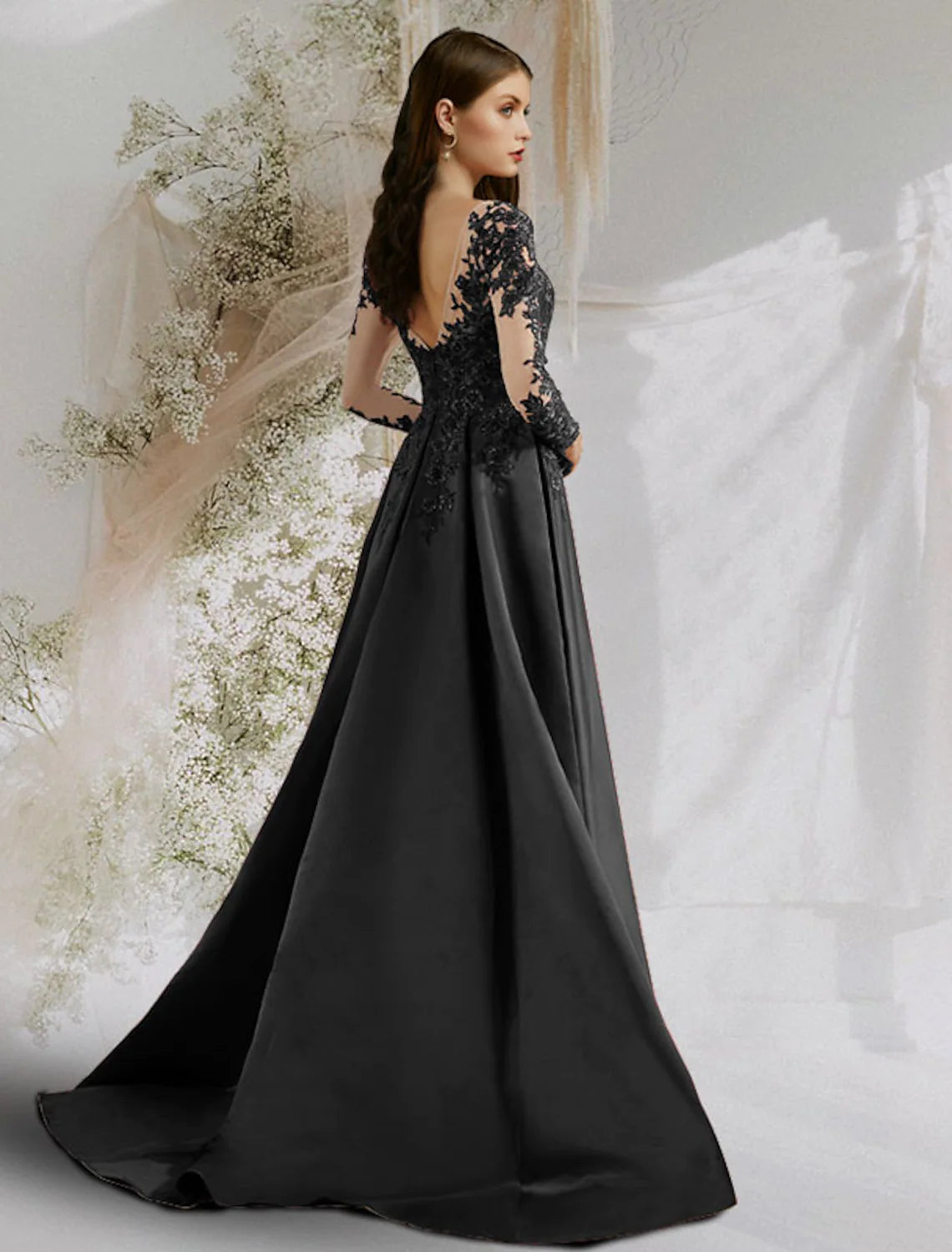 Elegant A-Line Boat Neck Long Sleeve Floral Satin Prom Evening Dress.