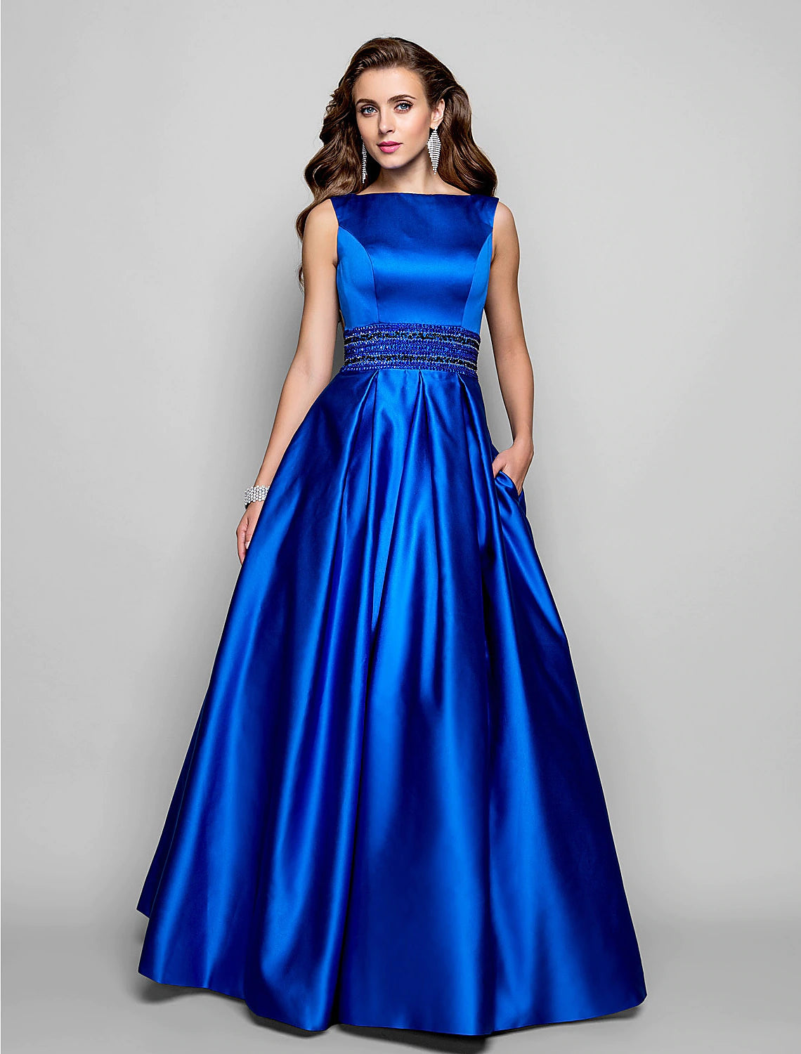 Elegant A-Line Boat Neck Pleated Beaded Floor Length Dress for Wedding Guests.